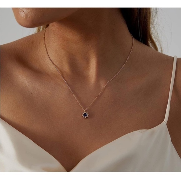 Gold 14k Gold Plated Blue Cubic Zirconia Flower Pendant Necklace - Picture 2 of 3